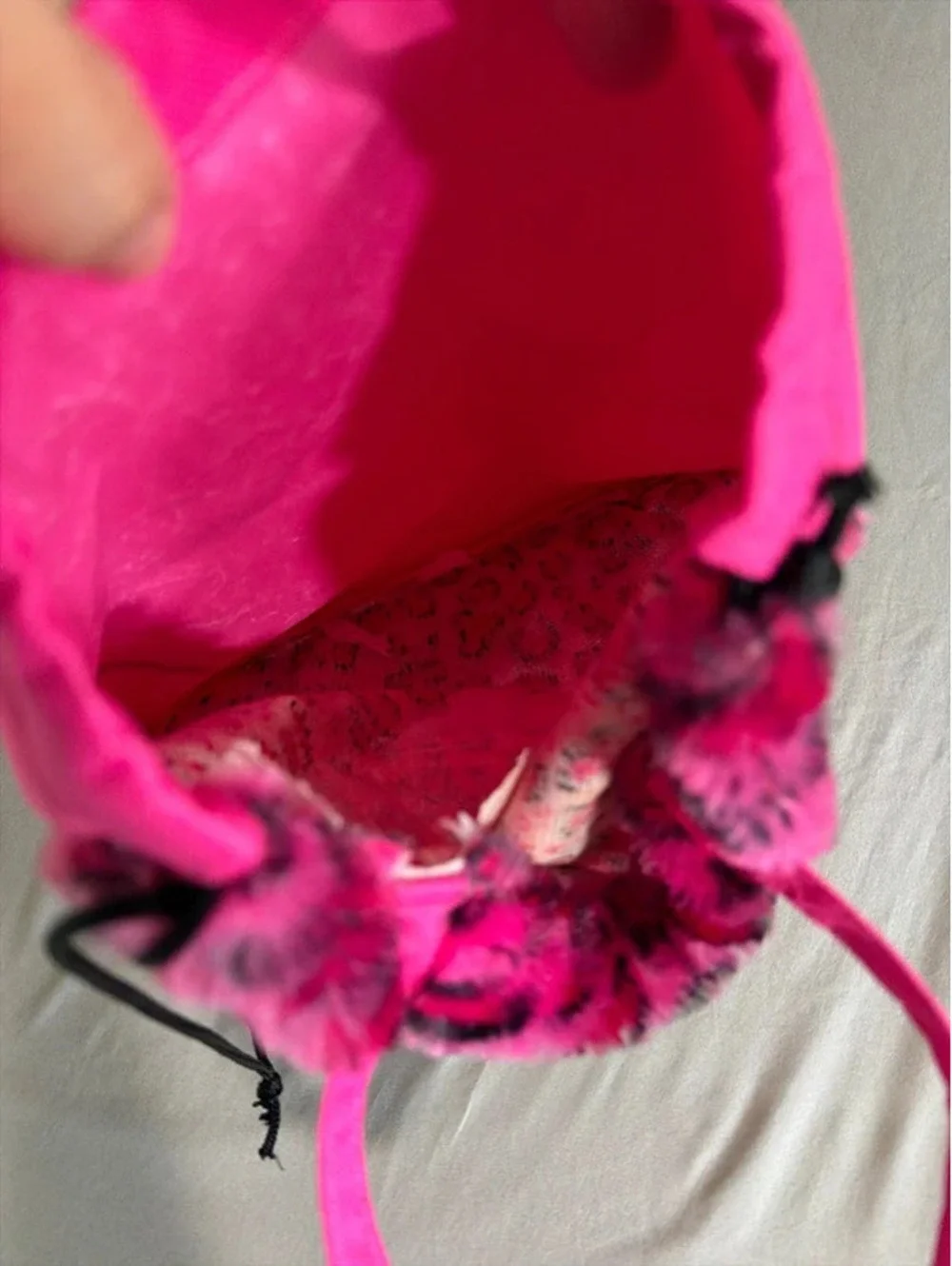 Pink Leopard Print Faux Fur Drawstring Backpack with Cute Face Design